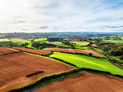 Colours of Devon Farms and Fields over Paignton and Berry Pomeroy from a drone, Totnes, England,