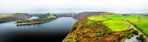Autumn colours over Llyn Clywedog and Clywedog Reservoir from a drone, Llanidloes, Wales, UK