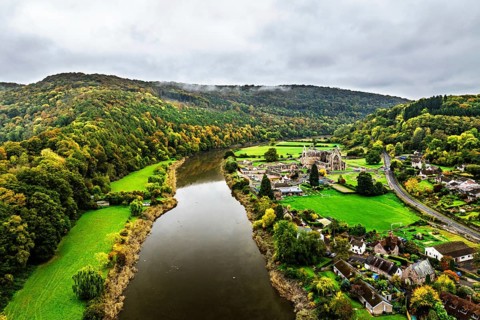 Autumn over Wye Valley and River Wye from a drone, Tintern, Chepstow, Monmouthshire, Wales, UK