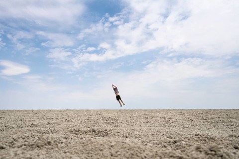 Symbolic picture, abstract, man at the Etosha pan, salt pan, Etosha National Park, Namibia