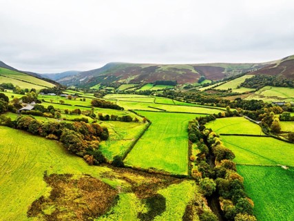 Autumn colours of Farms over River Wye and Road A470 from a drone, Llanidloes, Powys,