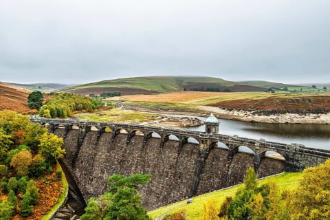 Autumn over Craig Goch Dam from a drone, Elan Valley Reservoirs, Elan Valley, Rhayader, Powys,
