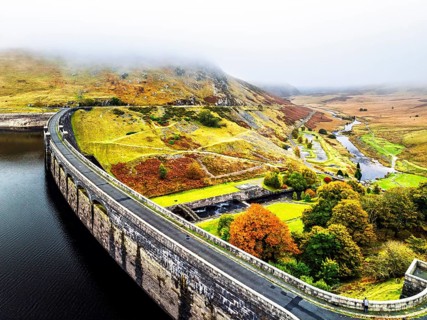 Autumn over Claerwen Dam, Claerwen Valley, Elan Valley Reservoir, Rhayader, Powys, Wales, UK