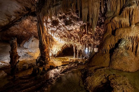 Stalactites and stalagmites, rock formations in a stalactite cave, Grotta del Fico, Gulf of Orosei,