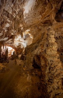 Stalactites and stalagmites, rock formations in a stalactite cave, Grotta del Fico, Gulf of Orosei,