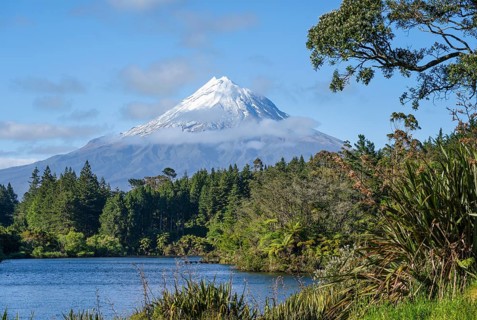 Lake Mangamahoe with views of Mount Taranaki. Egmont National Park, Taranaki Region, North Island,