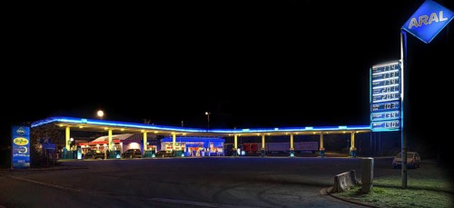 Gas station at night, Schnaittach, Middle Franconia, Bavaria, Germany