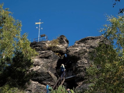 Rocks and rock group with via ferrata, Scharfenstein, Zittau Mountains, Saxony, Germany