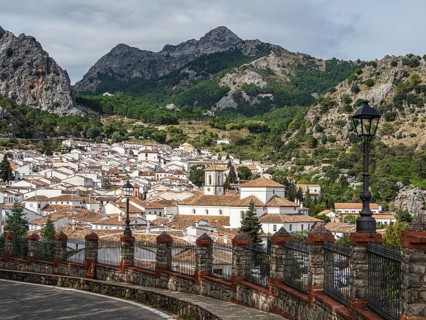 View over the white houses of village Grazalema, Parque natural de la Sierra de Grazalema,