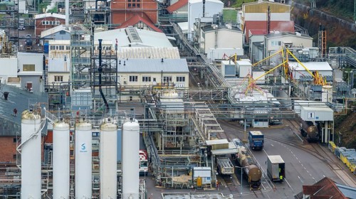 Plant view of the company Solvay Fluor GmbH. The Bad Wimpfen plant of the Belgian chemical company