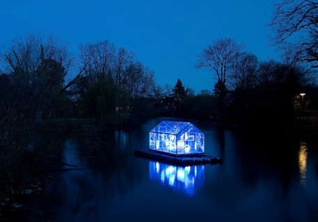 The river Lippe with the artwork Arche by Christoph Hildebrand at night, Lichtpromenade Lippstadt,