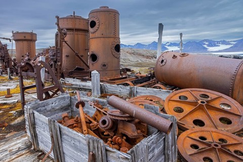 Steam engine at abandoned marble quarry Camp Mansfield, Ny London near Ny-Alesund,