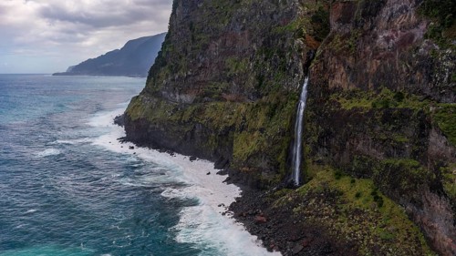 Waterfall flows into the sea, Miradouro do Véu da Noiva, Madeira, Portugal