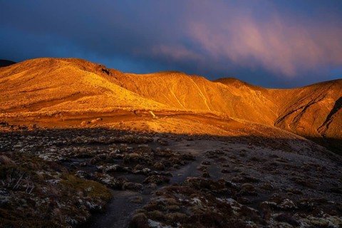 Volcanic landscape, Tama Lake Walk (Tama Lakes Track), evening light, sunset. Tongariro National