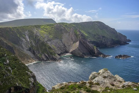 View of blue sea and cliffs from Portacloy Loop Cliff Walk, Muingnabo, County Mayo, Ireland