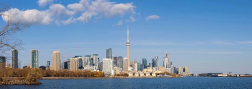 Scenic Toronto financial district skyline and modern architecture. View from Ontario lake