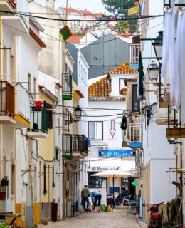 Typical Mediterranean architecture with small narrow streets and streets, Nazare, Portugal