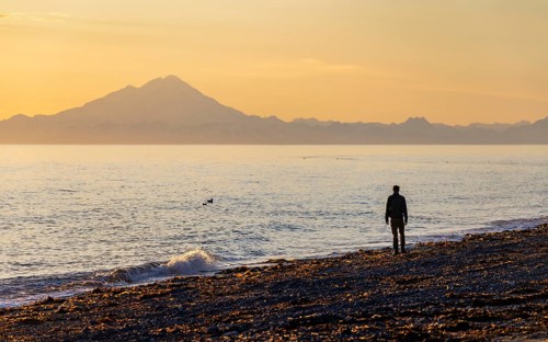 Young man walking along the beach at sunset, view across Cook Inlet to white mountain peaks of
