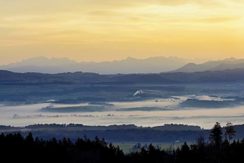 View from Horben of the Reuss Valley covered in fog, behind it the Alpstein with the Säntis in the
