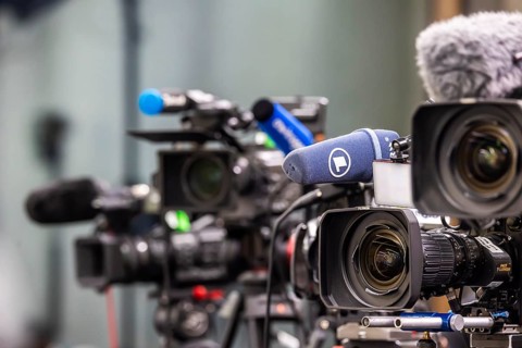 Cameras from various television stations are prepared for a press conference. Stuttgart,