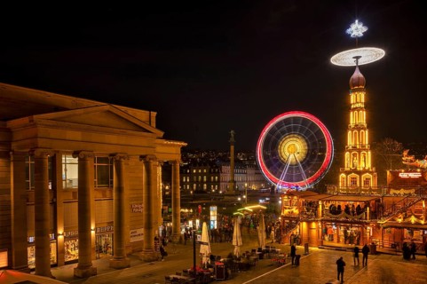 Night view, Christmas market with Christmas pyramid, Ferris wheel, New Palace, Schlossplatz,