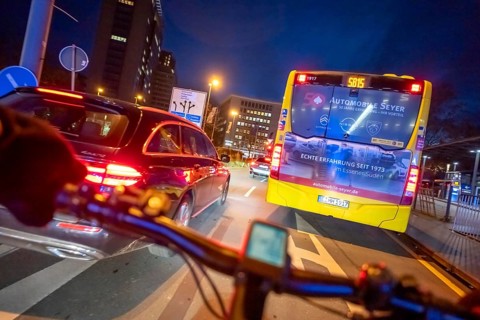 Cycling in the city, in the dark, in the evening, cycling underpass at the main train station, in
