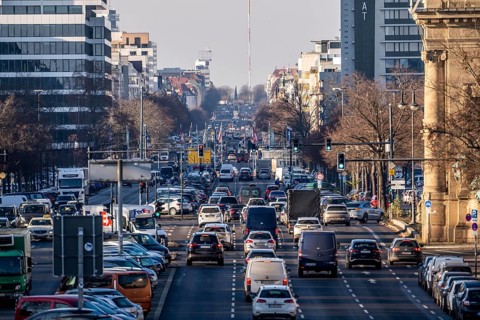 Heavy city traffic on the 17th of June road towards Ernst-Reuter-Platz, Berlin, Germany