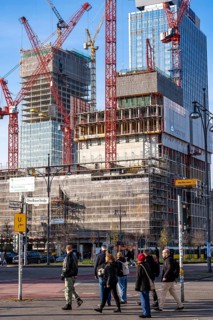 Construction site of the Covivio skyscraper in front, in the vicinity of Alexanderplatz in Berlin,