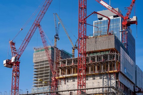 Construction site of the Covivio skyscraper in front, in the vicinity of Alexanderplatz in Berlin,