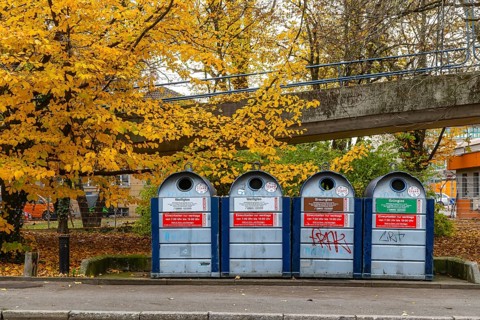 Collection containers for used glass and glass bottles. recycling of empties. Stuttgart,