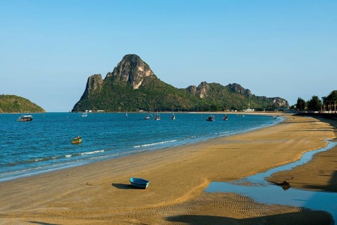 Lonely sandy beach and mountains, sunset, Prachuap Khiri Khan, Prachuap Khiri Khan Province,