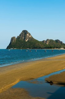 Lonely sandy beach and mountains, sunset, Prachuap Khiri Khan, Prachuap Khiri Khan Province,