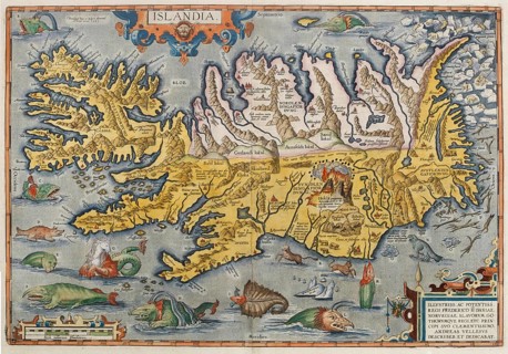One of the most famous Iceland maps from the Renaissance, Islandia, hand-colored copper engraving