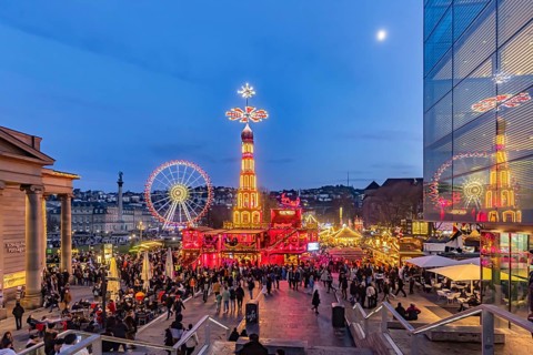 Evening atmosphere at Stuttgart's Christmas market in the Schlossplatz area. With around 3.5