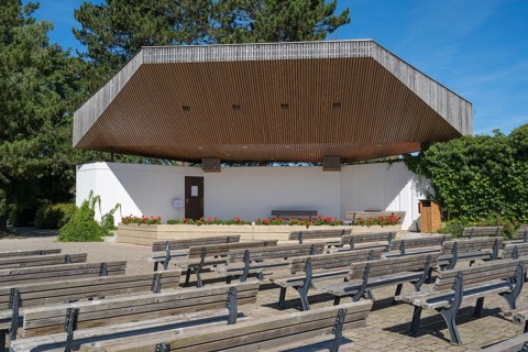 Stage for events, benches in front of it, spa garden, town of Schliersee, Upper Bavaria, Bavaria,