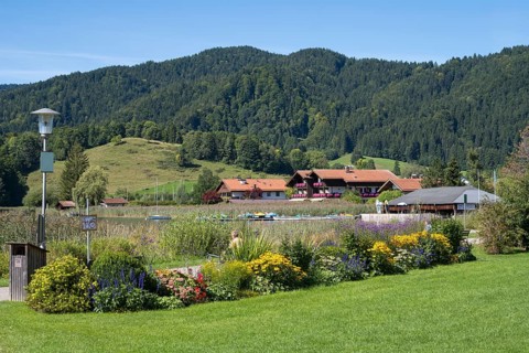 View from the spa park to the lake and district of Freudenberg, Schliersee, Upper Bavaria, Bavaria,