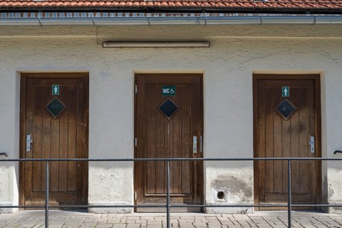 Building with doors to toilets, Schliersee, Upper Bavaria, Bavaria, Germany