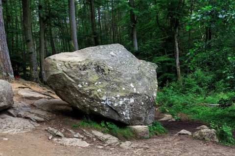 Boulder, boulder in the forest, famous wobbly stone Rokkestenen, Paradisbakkerne, Paradise Hill,