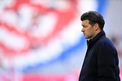 TV expert Michael Ballack in front of Logo FC Bayern Munich, Allianz Arena, Munich, Bavaria,
