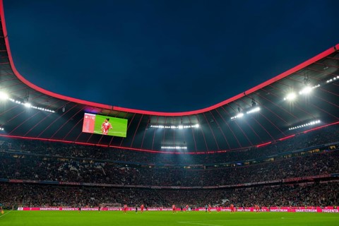 Floodlit game, soccer Bundesliga, blue hour, Allianz Arena, illuminated, Munich, Bayern, Germany