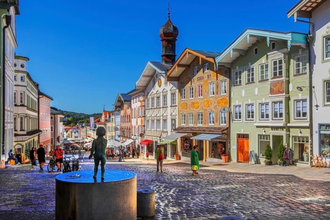 Historic market street with typical gabled houses, Bad Tölz. Isartal, Upper Bavaria, Bavaria,