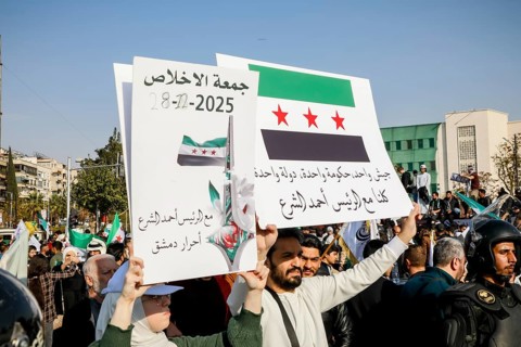 Damascus, Syria. November 28, 2025: Thousands of Syrians gather in Umayyad Square in central
