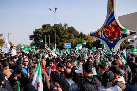 Damascus, Syria. November 28, 2025: Thousands of Syrians gather in Umayyad Square in central