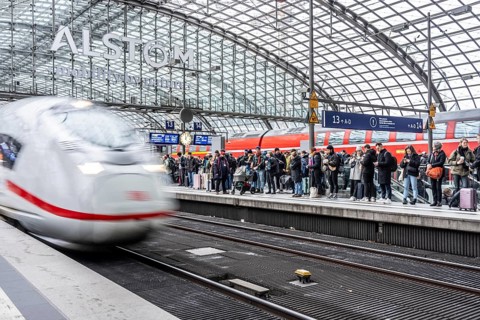Central Station in Berlin, passengers on the platform, ICE train arrives, Germany