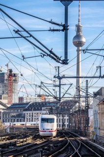 Railway line in Berlin, east of Friedrichstraße station, looking east, Berlin TV tower, ICE train