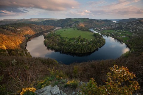 Sunset on spring evening at the loop of the Vltava (Vltava) View of Solenice Central Bohemia Czech