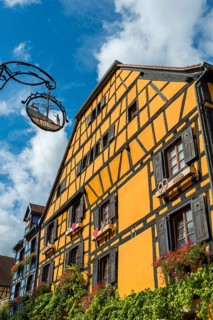 Decorated timber-frame house in the historic old town of Riquewihr, Ellsass