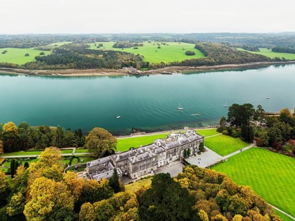 Autumn over Plas Newydd House from a drone, Gardens and Parkland, Llanfairpwllgwyngyll, Anglesey,