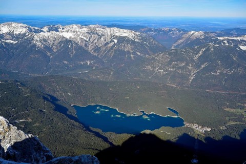 View of Lake Eibsee lake from the mountain station of the Zugspitz cable car (2962 m), Grainau