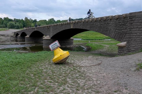 View of Old Bridge Asel, Edersee without water, Hesse, Germany